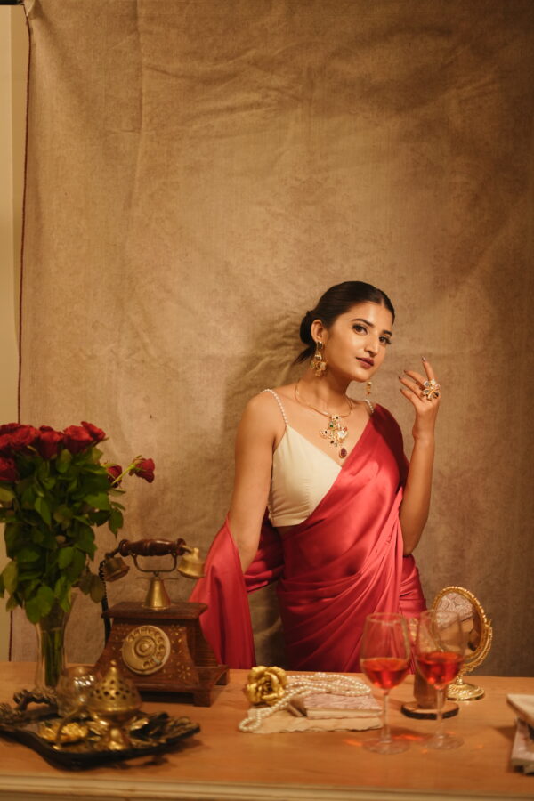 Cherry Red Satin Saree - Image 2