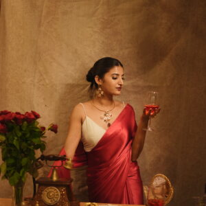 Cherry red  satin saree