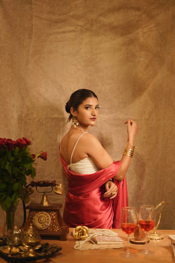 Cherry Red Satin Saree - Image 4