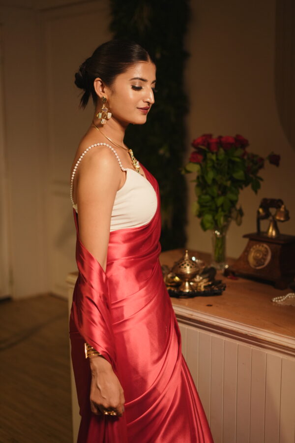 Cherry Red Satin Saree - Image 6
