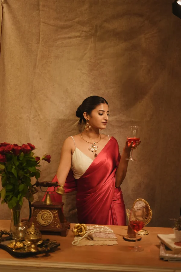 Cherry Red Satin Saree