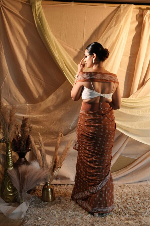 Caramel  Block Printed Saree - Image 3