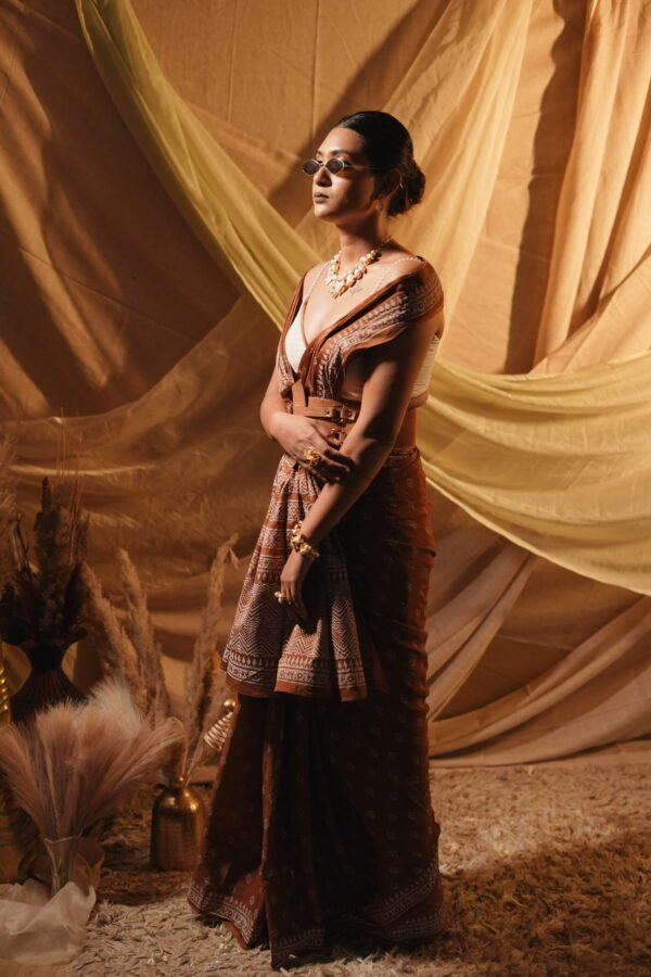 Caramel  Block Printed Saree - Image 4