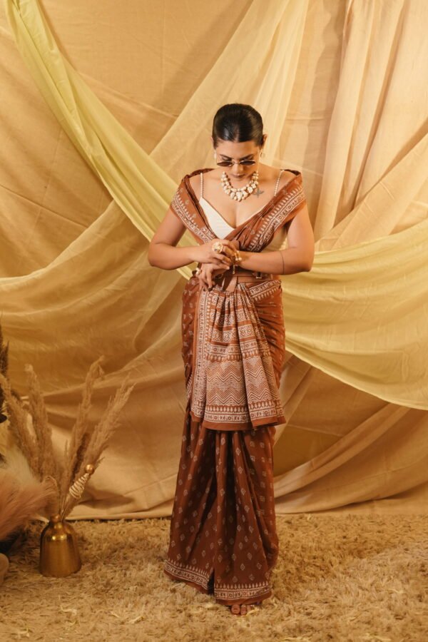 Caramel  Block Printed Saree - Image 5