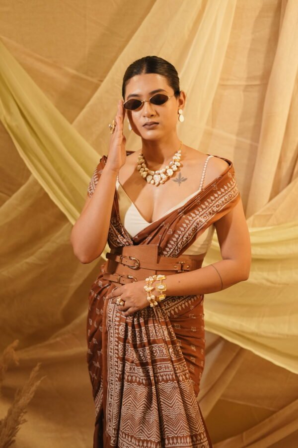 Caramel  Block Printed Saree - Image 6