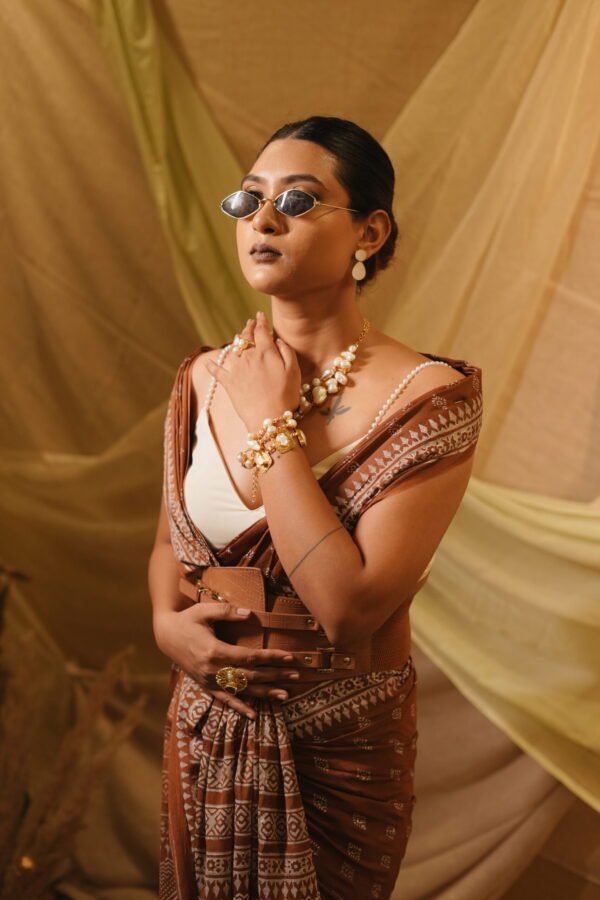 Caramel  Block Printed Saree - Image 7