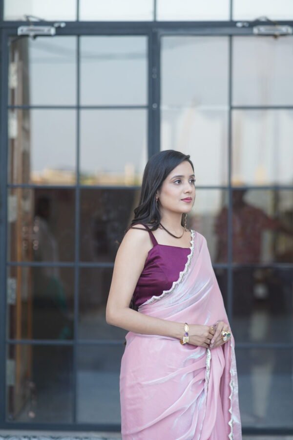 Blush Light Pink Shimmer Saree - Image 3