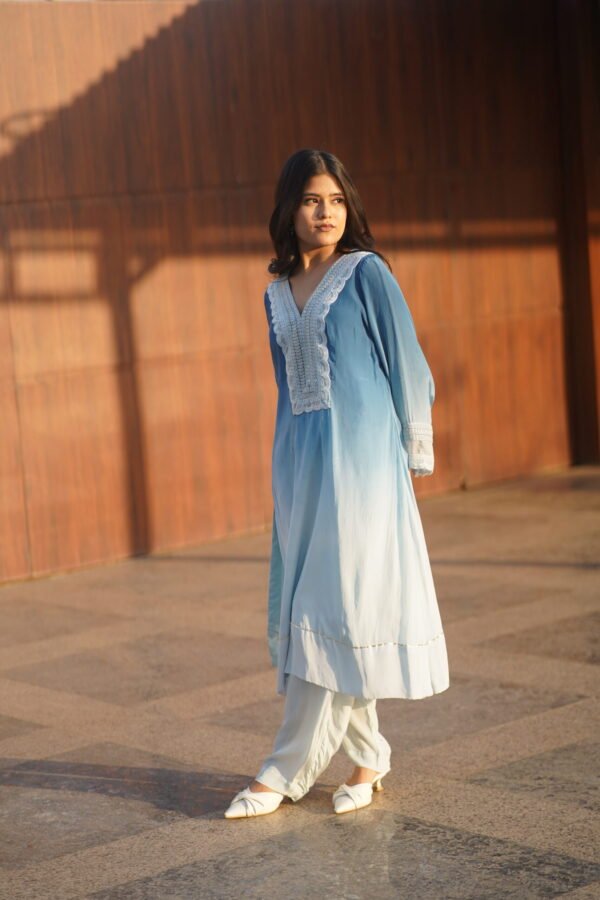 Embroidered Chiffon Blue Kurti - Image 3