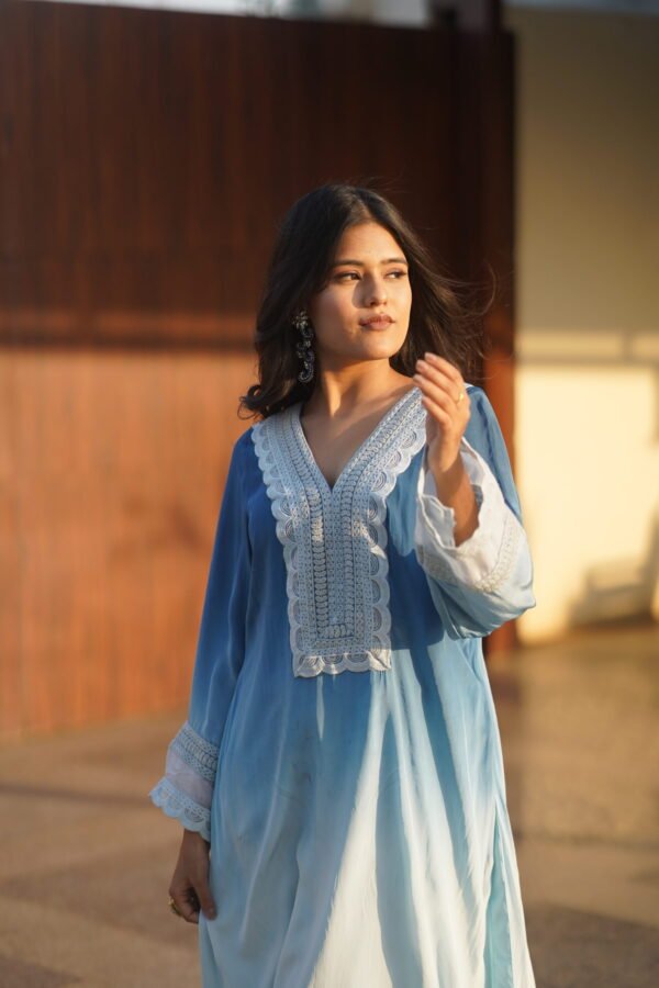 Embroidered Chiffon Blue Kurti - Image 5