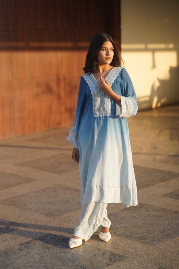 Embroidered Chiffon Blue Kurti - Image 6