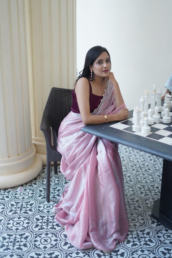 Blush Light Pink Shimmer Saree - Image 4