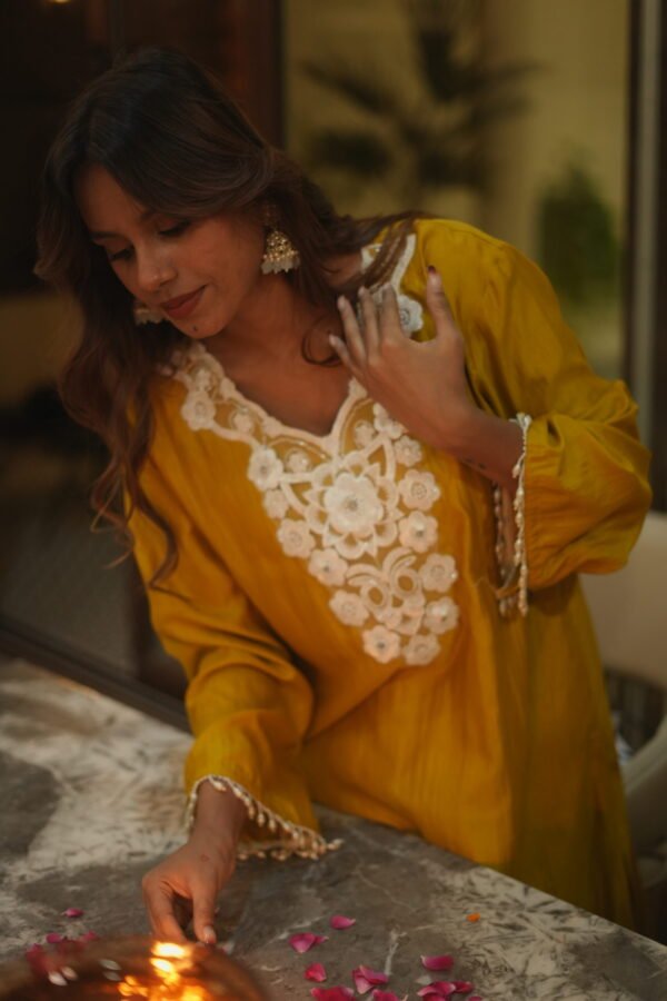 Embroidered Silk Yellow Kurti - Image 2
