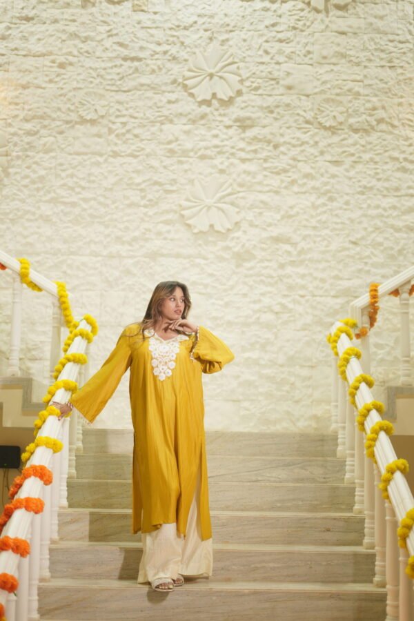 Embroidered Silk Yellow Kurti - Image 4