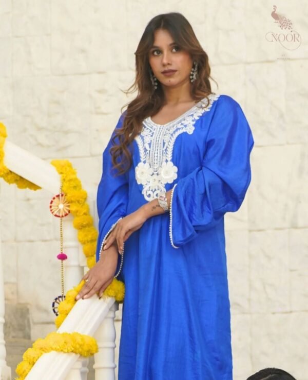 Embroidered Blue Silk Kurti Set - Image 2