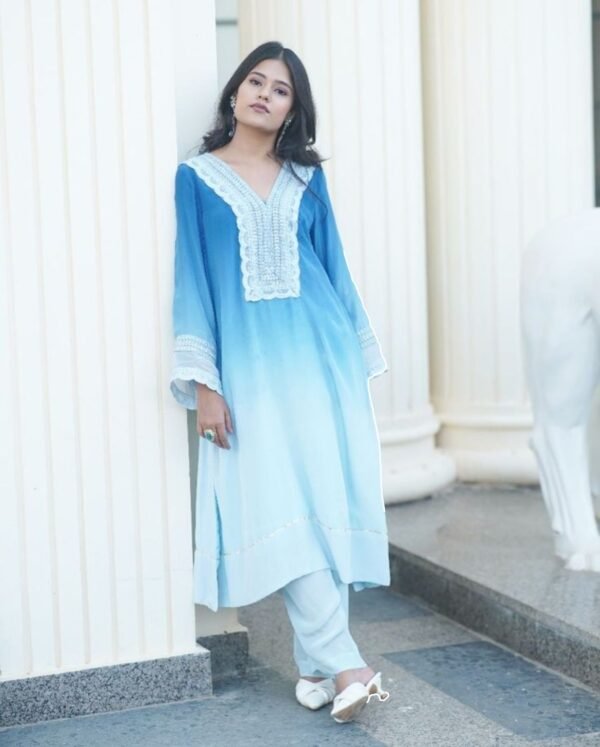Embroidered Chiffon Blue Kurti - Image 10